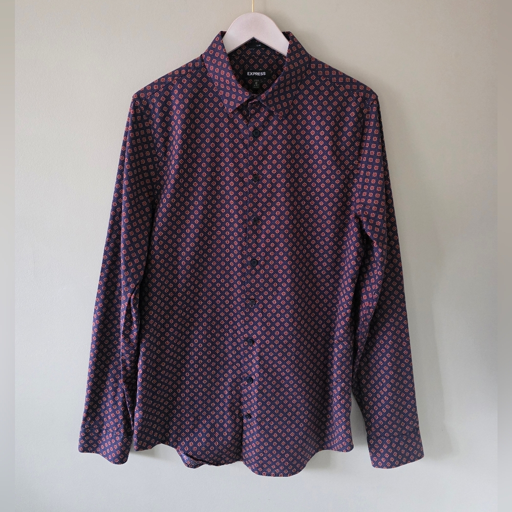 NWOT Express M Retro Geo Print Slim Fit Dress Shirt Academia Executive Eclectic